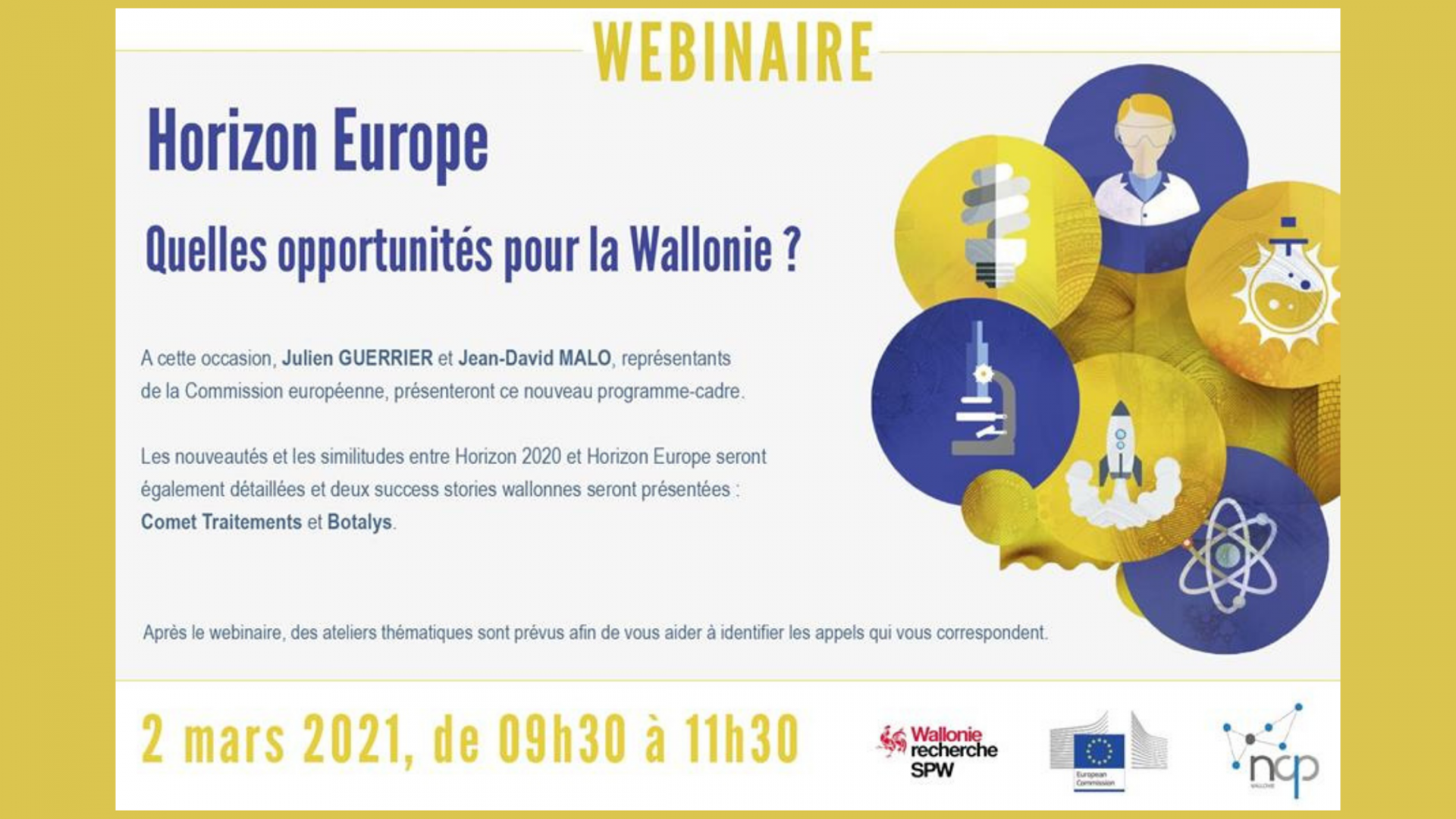 Programme européen HORIZON 2020: Séance en ligne organisée par le SPW Recherche et le NCP Wallonie pour vous permettre d'en comprendre les grandes lignes